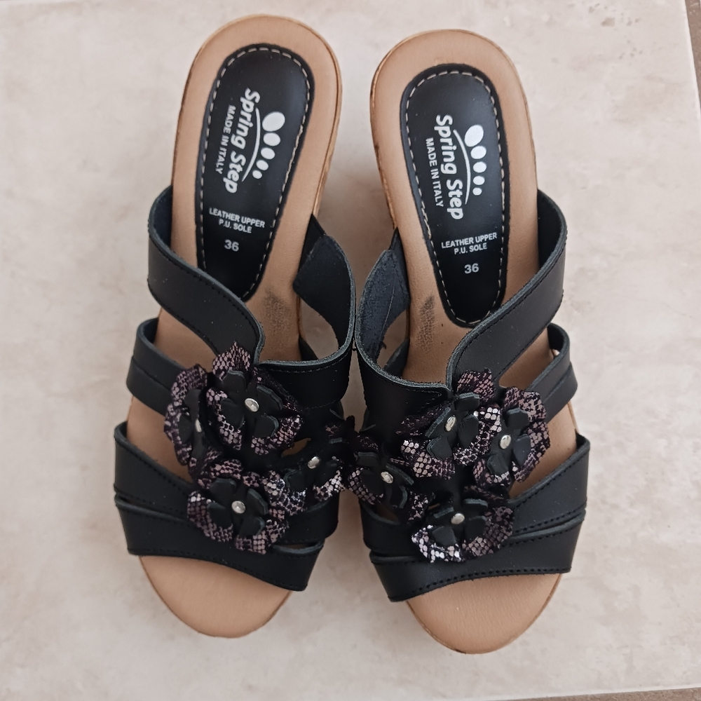 Spring Step Women's Black Sandals with Cork Heels and Flowers Size 36 US 5.5-6 - Picture 2 of 9